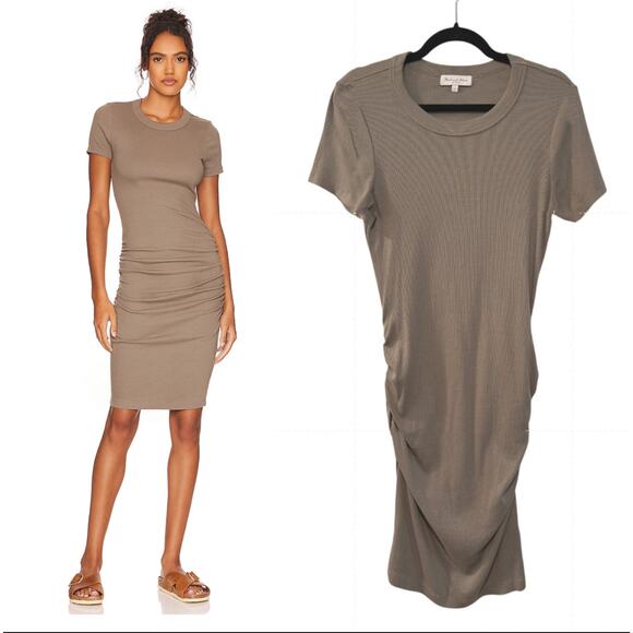 NEW! Revolve Michael Stars L Katie Midi Dress Stretch Cotton Jersey Ruched Olive - Picture 1 of 11